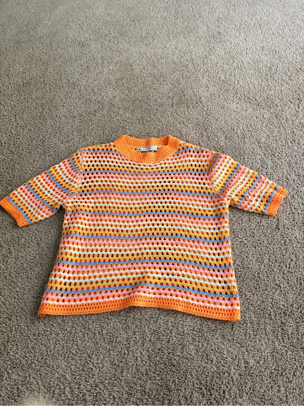Open-Knit Striped Crew Neck Sweater - Orange Pink Yellow